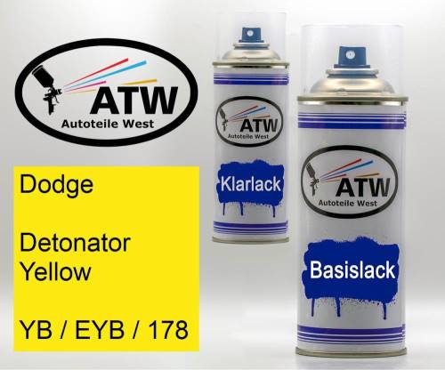 Dodge, Detonator Yellow, YB / EYB / 178: 400ml Sprühdose + 400ml Klarlack - Set, von ATW Autoteile West.